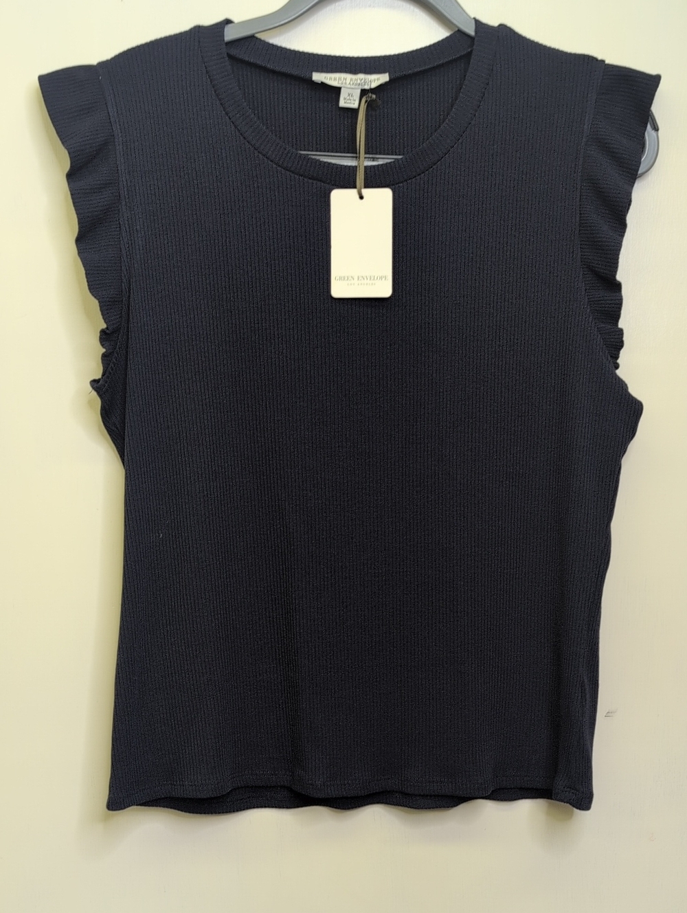 Green Envelope Navy Ribbed Flutter-Sleeve Tank Top XL